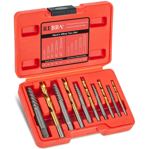 10-Pieces Screw Extractor Set, Left-Hand Drill Bit 37# Cr-Mo & 6542 HSS Steel Cobalt, Easy Out Broken Bolt Remover Tool