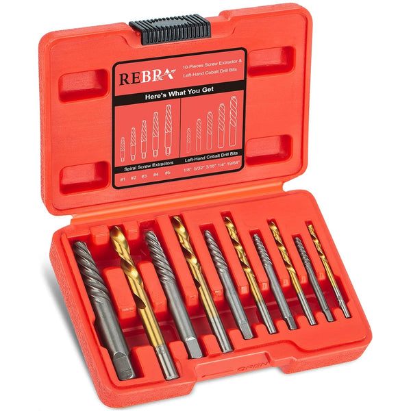 10-Pieces Screw Extractor Set, Left-Hand Drill Bit 37# Cr-Mo & 6542 HSS Steel Cobalt, Easy Out Broken Bolt Remover Tool