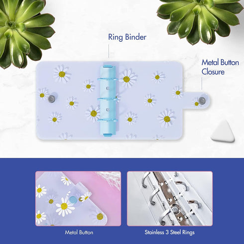 SOUL MAMA Mini Binder with Cash Envelopes - Cute Daisy Blue A8 Binder Wallet, Money Organizer for Cash, Mini 3 Ring
