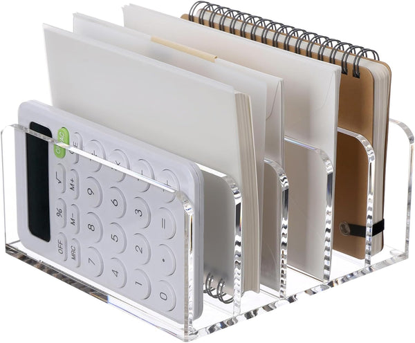 SANRUI Clear Desktop File Organizer, 5 Compartments Acrylic Document Sorter for Office, Home, School