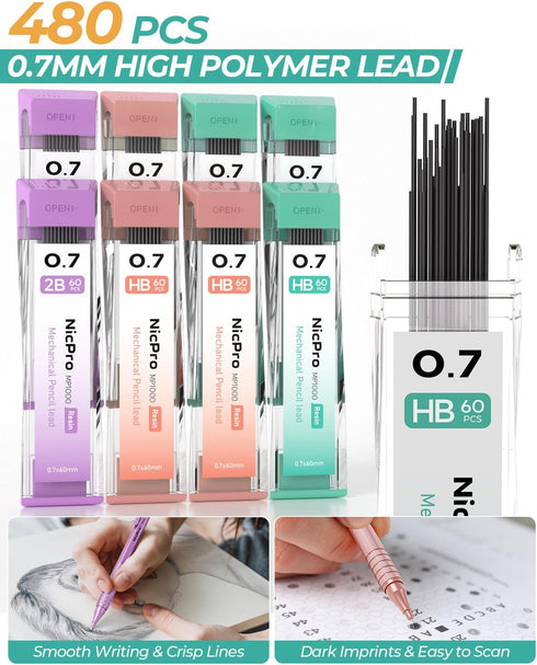 Nicpro 0.7 mm Mechanical Pencils Set - 3PCS Metal Drafting Pencil with Case, 480 PCS HB Pencil Leads, 3 Erasers for