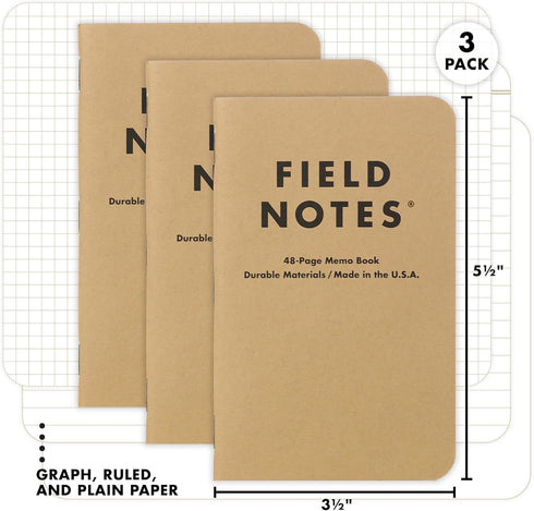 Field Notes Original Kraft 3-Pack, Mixed Paper Memo Books (1 Graph/Grid, 1 Ruled/Lined, 1 Plain/Blank)