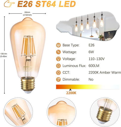DiCUNO E26 Edison Bulbs 60W, 2200K Amber Warm, 6W LED Edison Bulb ST64, Amber Glass, Vintage Filament Light Bulbs for Decoration, 600LM, Non-Dimmable, CRI 80, Pack of 2 by DiCUNO