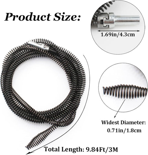 Drain Clog Remover with Drill Connector, Drain Auger Cable Snake 9.84Ft Flexible Plumbing Drill Pipe Cleaner for Kitchen