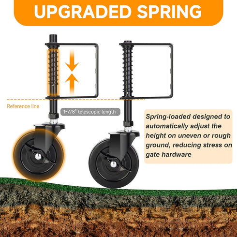 4 Inch Heavy Duty Gate Wheel with Brake, Spring Loaded Caster Wheel, Outdoor Gate Helper for Wooden PVC Fences, 220 Lbs