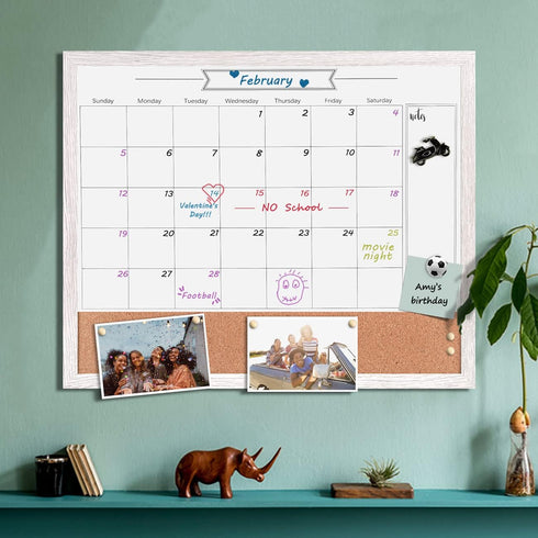 TORASO Whiteboard Calendar, Magnetic Dry Erase & Bulletin Board Combo, White Wood Framed, 18" x 22"