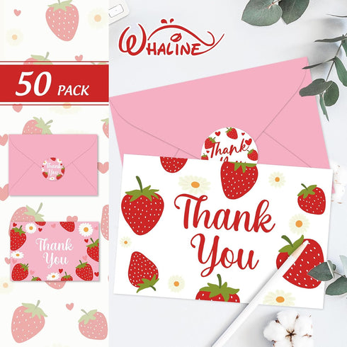 50 4 6 Inch Whaline Pcs Strawberry Thank You Cards Greeting Cards with Envelopes Stickers Pink Fruit Blank Note Cards