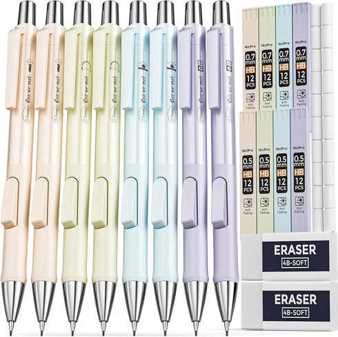 Nicpro 8PCS Pastel Mechanical Pencil Set 0.5 & 0.7 mm, Cute Fast Click Pencils with 8 Tubes HB Lead Refills and Erasers