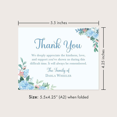 5.5x4.25 Floral Sympathy Thank You Cards, Personalized Funeral Thank You Cards, Bereavement Notes with Envelopes, Flat
