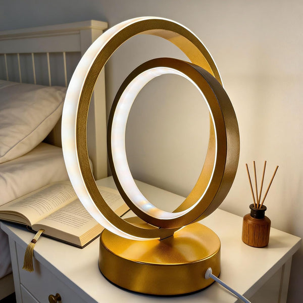 Fespcj Gold Nested Double Ring Table Lamp USB Powered 3 Color Dimmable Eye-Protection