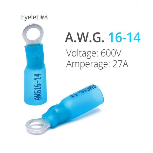 Wirefy 130 PCS Heat Shrink Ring Terminals #8 - Resistant Ring Connectors, Eyelet Wire Connectors for Blue 16-14 AWG