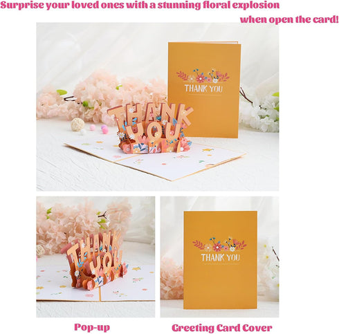 Card,3D Thank You Pop Up Floral Appreciation Greeting Card with Envelope and Note Insert,Unique Keepsake