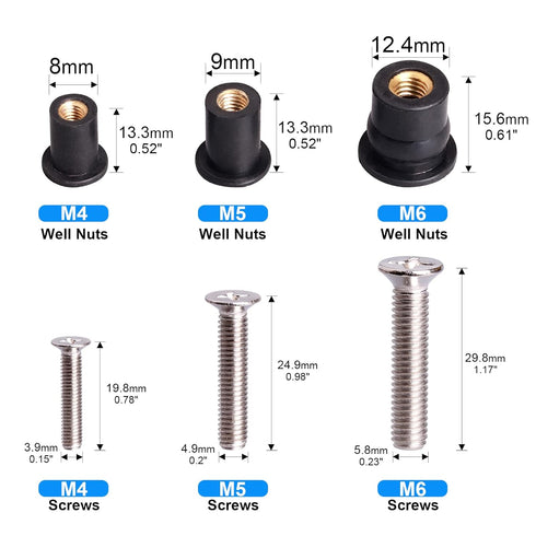 36 Pairs M4 M5 M6 Neoprene Well Nuts with Stainless Steel Screw, Rubber Well Nuts Kit for Kayak and Marine Accessories