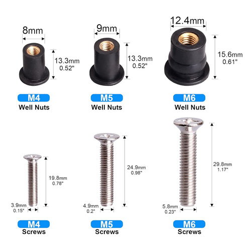18 Pairs M4 M5 M6 Neoprene Well Nuts with Stainless Steel Screw, Rubber Well Nuts Kit for Kayak and Marine