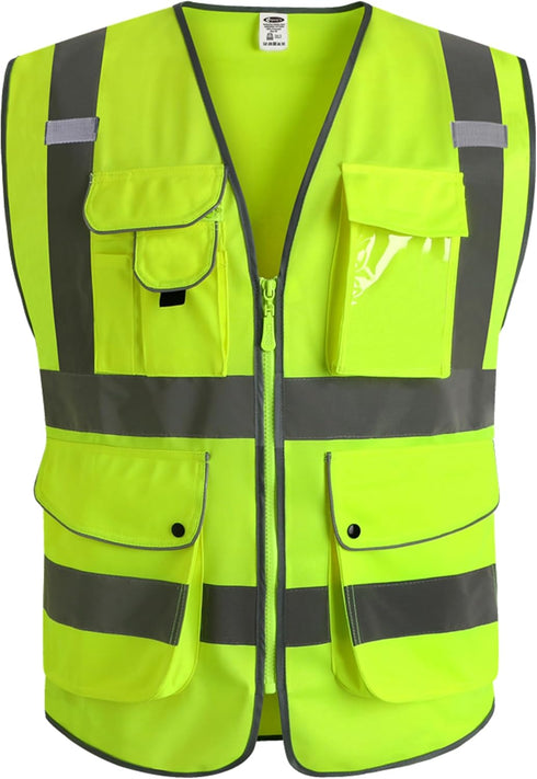 JKSafety Class 2 High Visibility Safety Vest, 9 Pockets, Zipper Front, Meets ANSI/ISEA Standard, Large, 150-Yellow