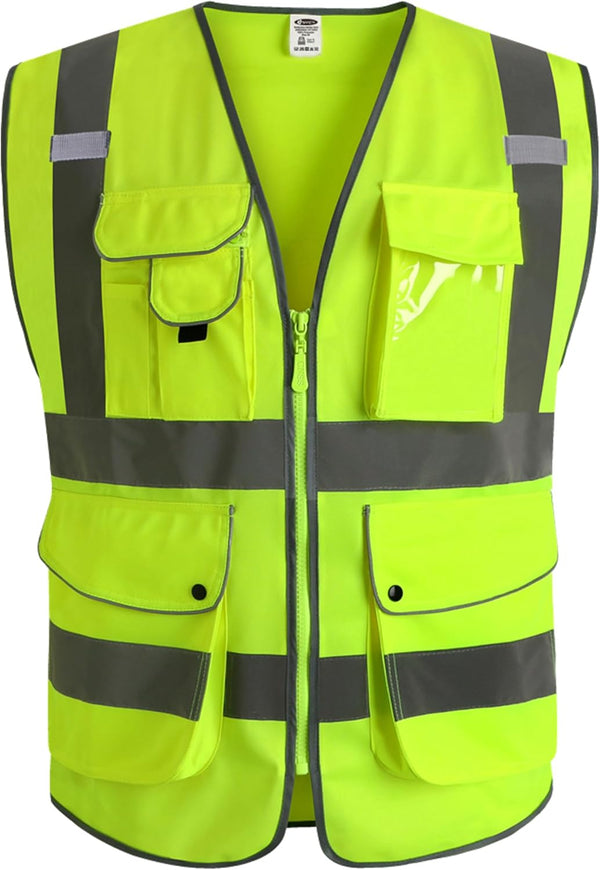 JKSafety Class 2 High Visibility Safety Vest, 9 Pockets, Zipper Front, Meets ANSI/ISEA Standard, Large, 150-Yellow