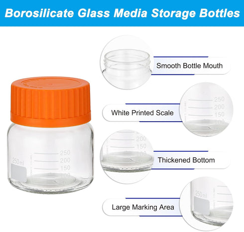 PATIKIL 6 Pack 250ml Borosilicate Glass Reagent Media Storage Bottles with Orange GL32 Screw Cap