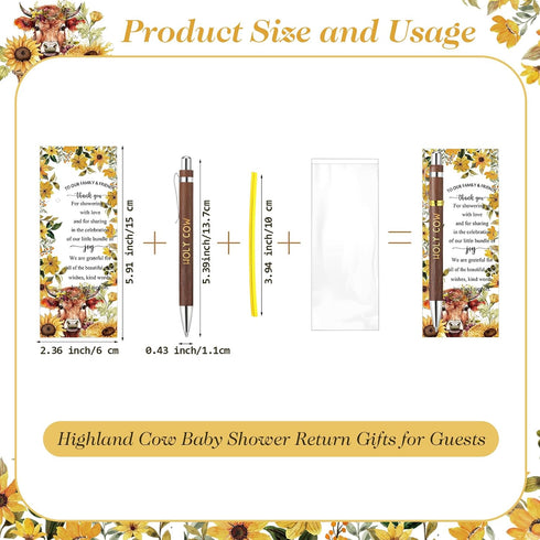 50 Sets 50 50 Spakon Highland Cow Baby Shower Party Gifts Bulk for Guests Include Holy Cow Bamboo Pens Bookmarks