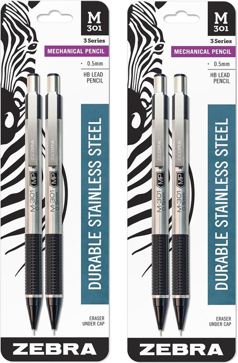 Zebra Pen M-301 Mechanical Pencil, 0.5mm Fine Point, Stainless Steel Barrel, Black Grip, 4-Pack
