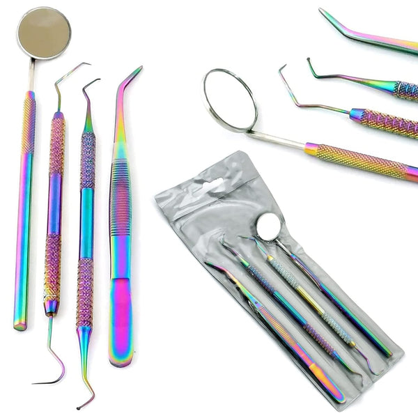 Multi Color Rainbow Dental Hygiene Set - 4pcs Basic Dental Instruments, Stainless Steel Tools for Personal Use & Pets