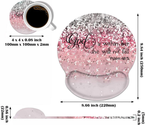 Ergonomic Mouse Pad with Wrist Support and Coasters Set, Cute Non-Slip PU Base, Pink Glitter Quote Bible Verse