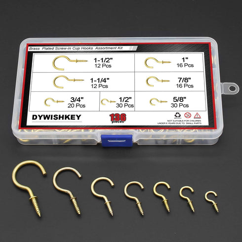DYWISHKEY Cup Screw Hooks Kit - 136PCS in 7 Sizes, Brass Plated Screw-in Hooks for Home & Office