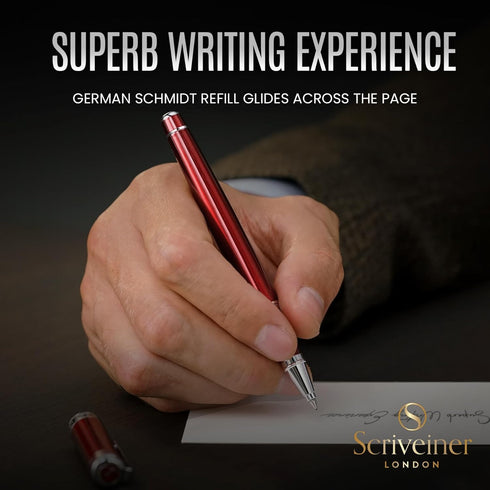 Scriveiner Deep Crimson Red Rollerball, Stunning Red Lacquer Luxury Pen with Chrome Finish, Gift Set