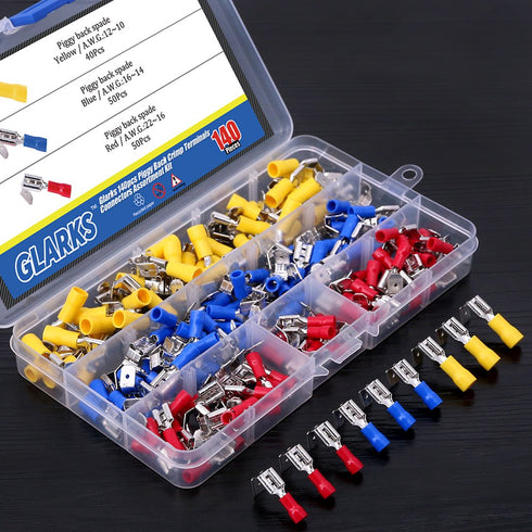 Glarks 140pcs Semi-Insulated Piggy Back Spade Quick Splice Crimp Terminals Connectors Assortment Kit