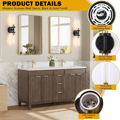 2-Light (1-Pack) Baocuz Bathroom Lighting Fixtures Over Mirror, Black and Gold Vanity Lights for Bathroom, Modern