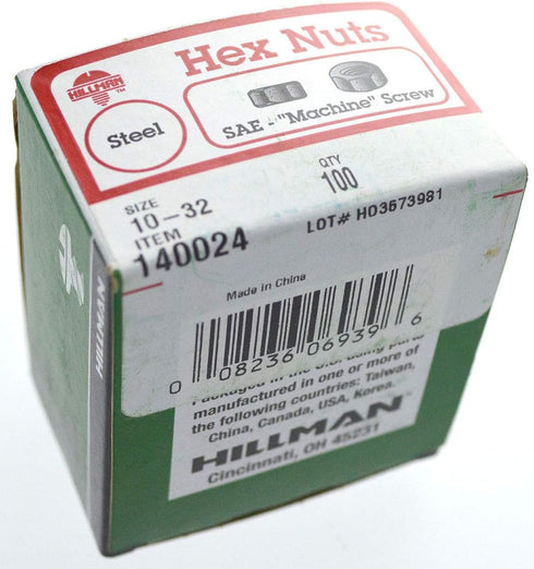 The Hillman Group 140024 Hex Machine Screw Nut, Zinc, 10-Inch by 32-Inch, 100-Pack