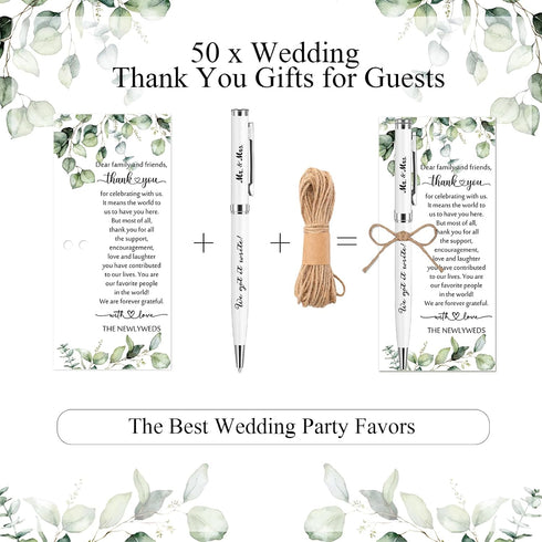 Affrolling 50 Sets Wedding Favors for Guests Bulk Retractable Ballpoint Pen Thank You Cards with Hemp Rope Bridal