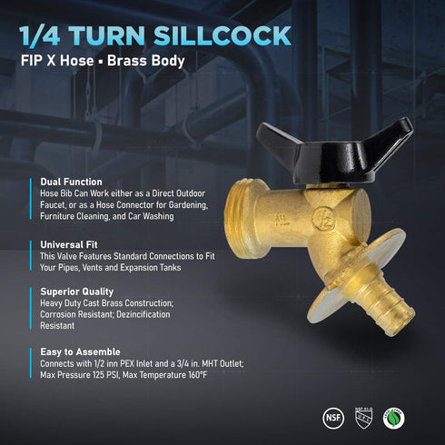 Midline Valve 69344Q Quarter Turn Sillcock Hose Bibb, 1/2 in. Pex Inlet x 3/4 in. MHT Outlet, Cast Brass
