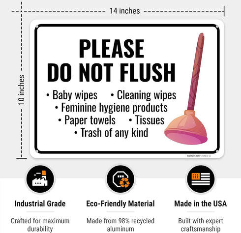Sigo Signs 10x14 Inches, .040 Please Do Not Flush Baby Wipes Cleaning Wipes Sign, Rust Free Aluminum, Fade Resistant