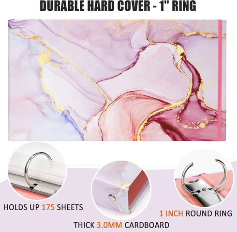 Legal-Size Binders for 8.5 x 14 Paper, 1 Inch 3 Ring Binder, Landscape Spreadsheet with Elastic Cord, Pink Marble, 2