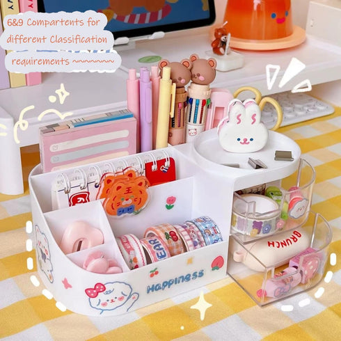 Kawaii Stationery Storage Box, Makeup Organizer with 2 Drawers and 5 Compartments for Teen Girls
