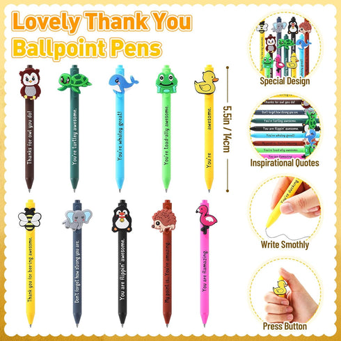 Sayglossy 40 Sets Funny Employee Appreciation Gifts Bulk Funny Animal Thank You Ballpoint Pens and Inspirational Cards