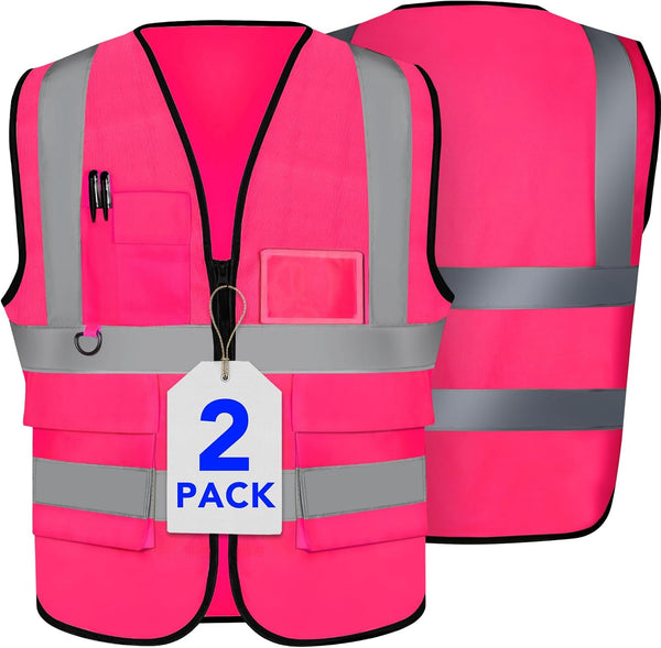 XPCARE 2-Pack Hi Vis Reflective Safety Vest with Pockets, High Reflective Strips for Men and Women, Pink