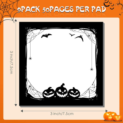 Halloween Sticky Note Pads, 450 Pieces with Spider Pumpkin Bat, 3 Styles, 50 Sheets Each, 9 Books Total