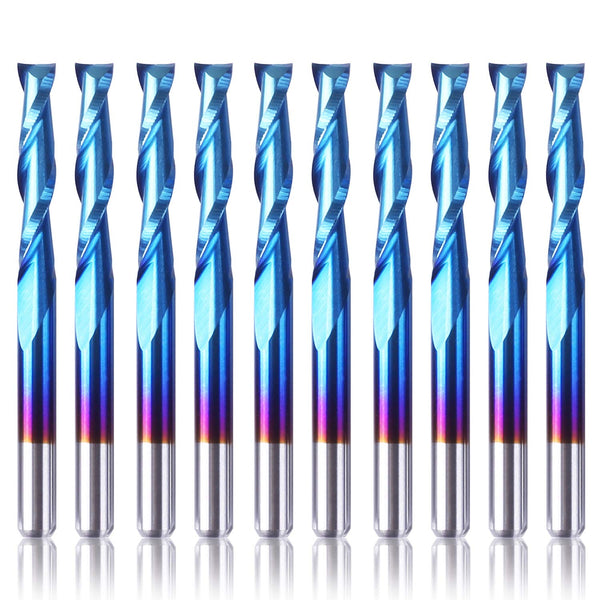 SainSmart Genmitsu 10Pcs Nano Blue Coat Flat Nose End Mill CNC Router Bits, 1/8" Shank Spiral Upcut 2 Flute Set