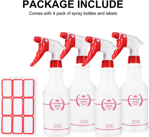 Plastic Spray Bottle (4 Pack, 16 Oz) - Heavy Duty Leak Proof Mist Empty Water Bottle for Cleaning Solution, Planting