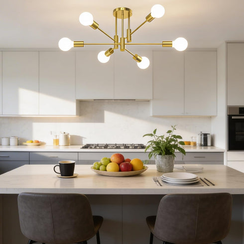 6-Light Sputnik Chandelier Gold, Mid-Century Modern Ceiling Light Fixture for Dining Room, Kitchen, Living Room