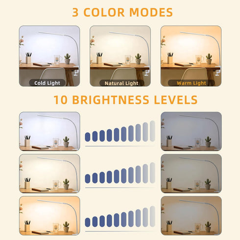 3 10 Space Aluminum LED Desk Lamp with Clamp, Clip on Light for Reading Study Desk Light Modes Brightness Flexible