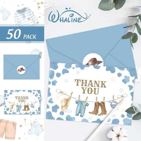 50 Pack Whaline Western Cowboy Baby Shower Thank You Card Boxed Blue Cow Print Baby Clothes Greeting Cards