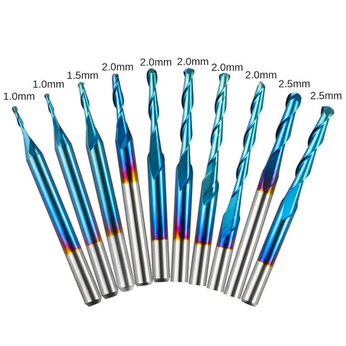 10pcs 2-Flute Nano Blue Coat Ball Nose Spiral End Mill, 1/8'' Shank, 0.8mm-2.5mm Cutting Diameter for CNC Router Bits