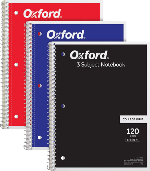 Oxford Spiral Notebook 3 Pack, 3 Subject, College Ruled Paper, 120 Sheets, 2 Dividers, 8 x 10-1/2 Inches, Black, Red,