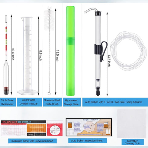 6 Teenyyou Auto Siphon Mini and Triple Scale Hydrometer, Feet of Food Safe Tubing & Clamp and Plastic Test Jar, Brix