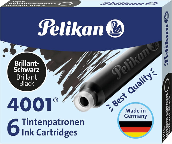 Pelikan 4001 TP/6 Ink Cartridges, Brilliant Black, 0.8ml, 6 Pack for Fountain Pens (301218)