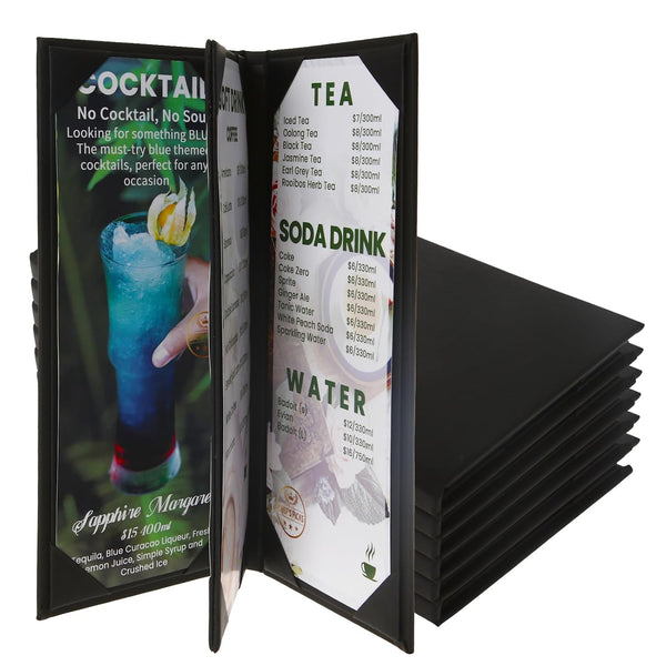 6 Pack Menu Covers 4.25" x 11", 4 View PU Leather Menu