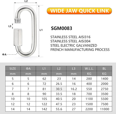 Sprookber Stainless Steel Chain Quick Links - 304 Chain Connector, Screw Carabiner, Set of 6 Chain Hooks