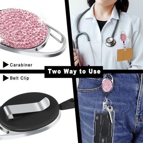 VIQWYIC 2 Pack Retractable ID Badge Holder, Bling Neck Strap Lanyard, Clear Card Holder for Office Workers (Pink&Purple)